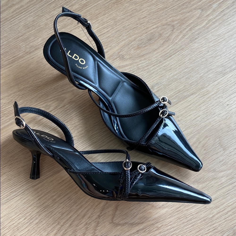 ALDO Marietta Strappy Slingback Kitten Heels. Size 6.5. Black Patent. 2.5 inch
